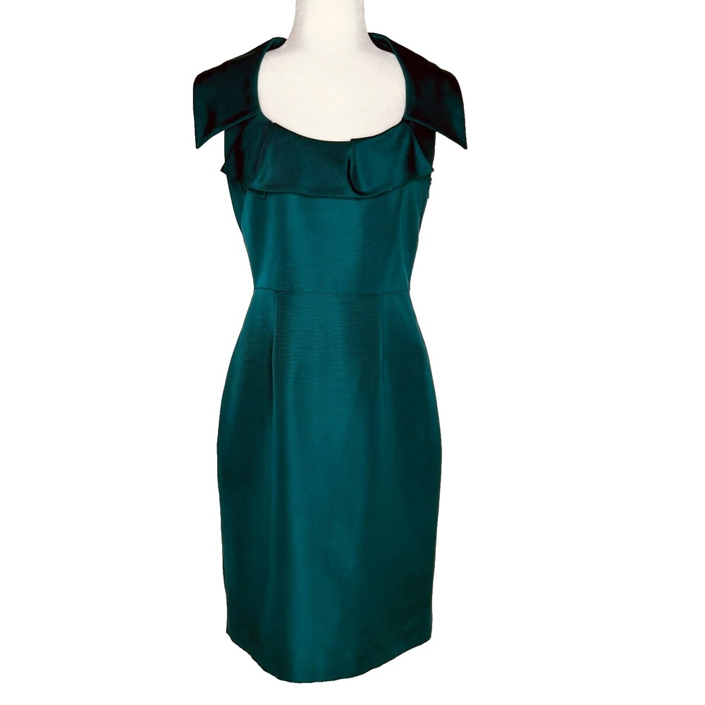 Lela Rose Silk Sheath Dress Womens 6 Teal Green Ribbed Ruffle Portrait Collar